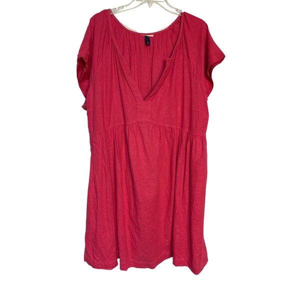 Women's Red Short-Sleeve V-Neck Tiered Linen Dress With Side Pockets Size XXL - Picture 1 of 6